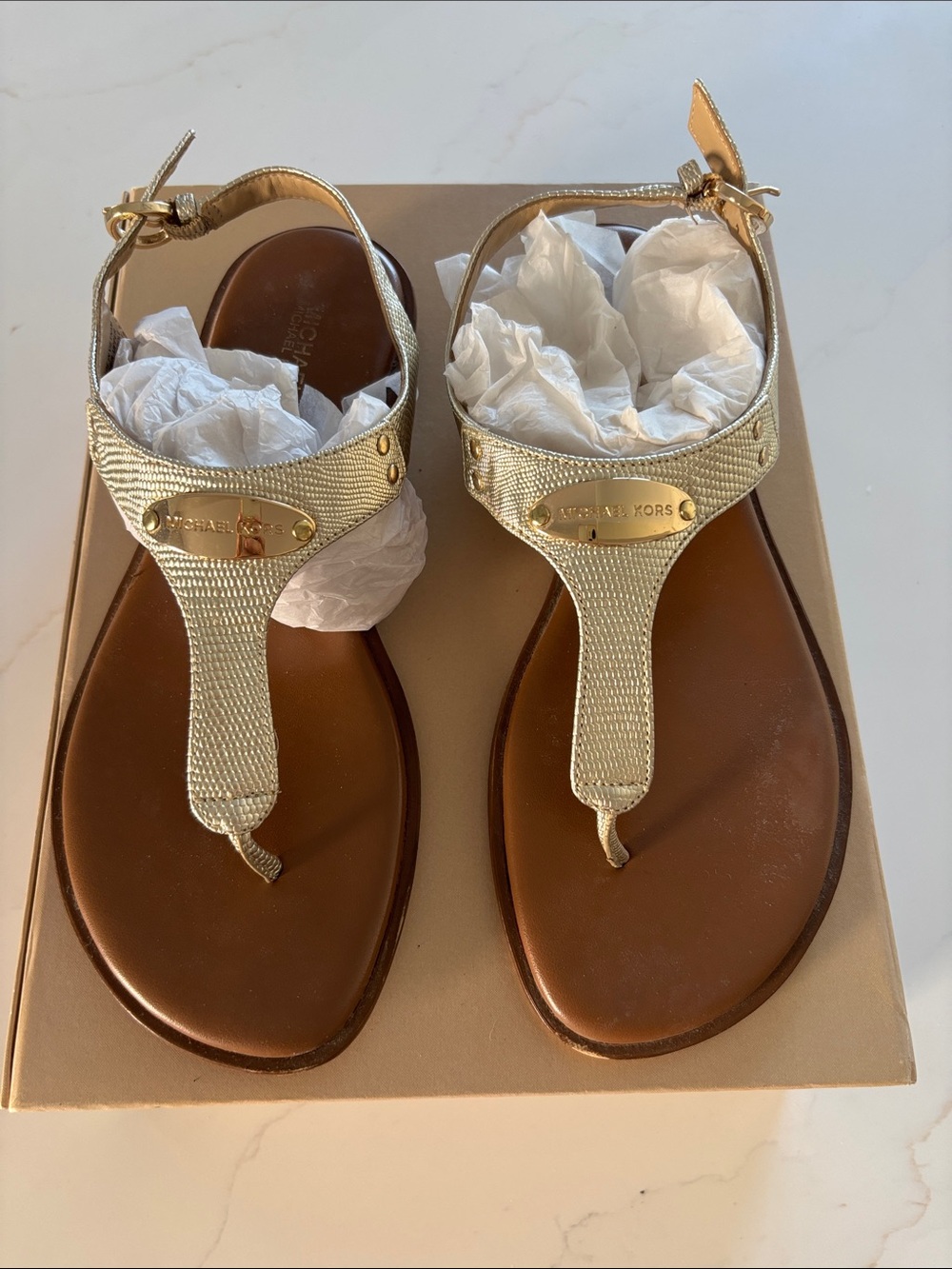 Michael Kors Metallic Gold Thong Sandals with Brown Footbed